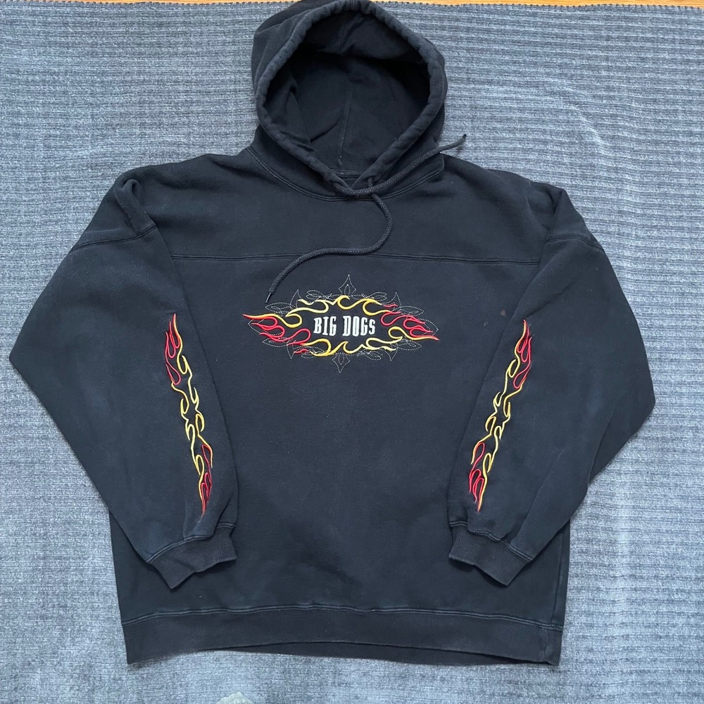 Y2k Vintage Big Dog Hoodie Embroidered Flames Logo Biker Skate Grunge Baggy LG
